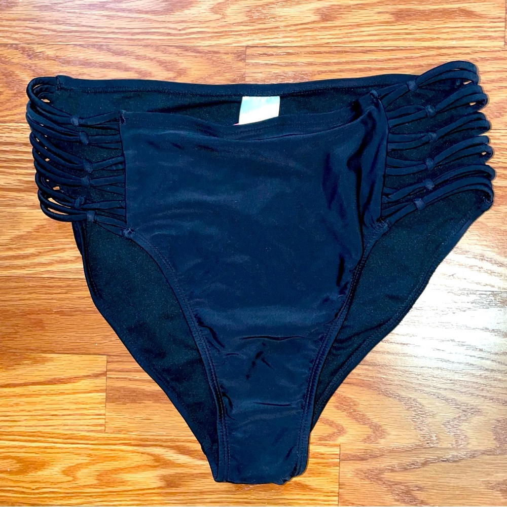 NWT Sz L Xhilaration Cheeky High Waist Knotted Bikini Swimsuit Bottoms Black